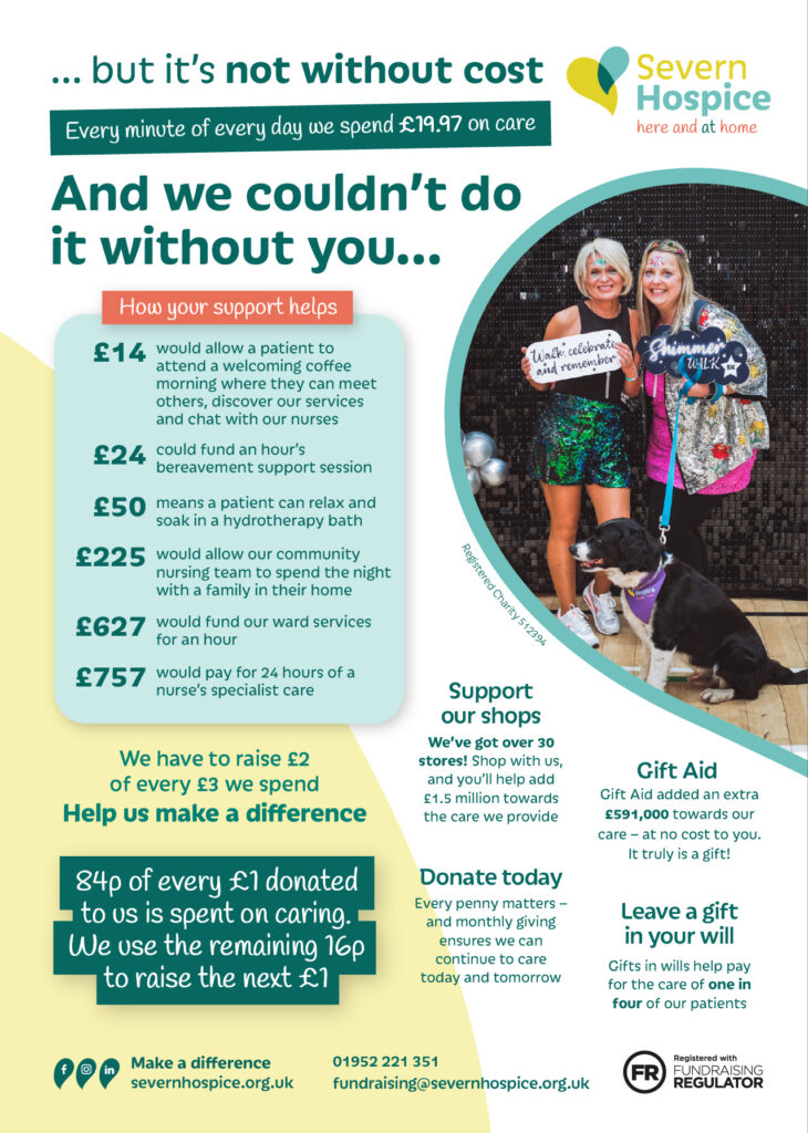 Two shimmer walk participants wearing shiny outfits. Facts and figures displayed around them